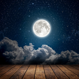 full moon in a starry night sky, clouds below the moon, above planked wooden floors