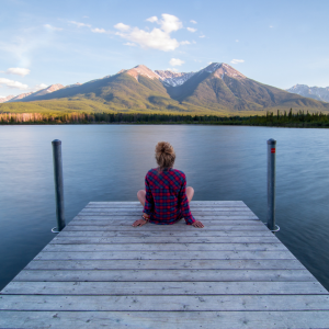 A woman sitting on the lake pier looking out into the ocean