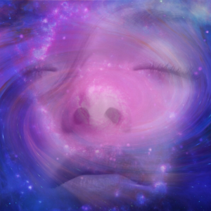 A women's face intertwined with a galaxy background