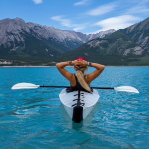 A woman in a kayak in the middle of a lake with her hands behind her head soaking in the view in front of her