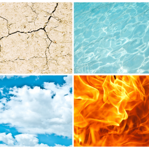The 4 elements (earth, wind, fire, and water) in a square picture